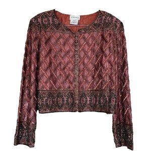 Vtg Stenay Beaded Sequined Embroidered Silk Cropped Evening Jacket Rust Size XL